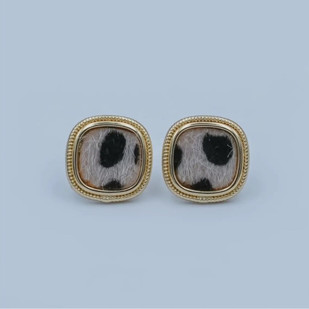 Animal Faux Fur Leopard Square Stud Earrings Gold Bezel Statement Studs NWT